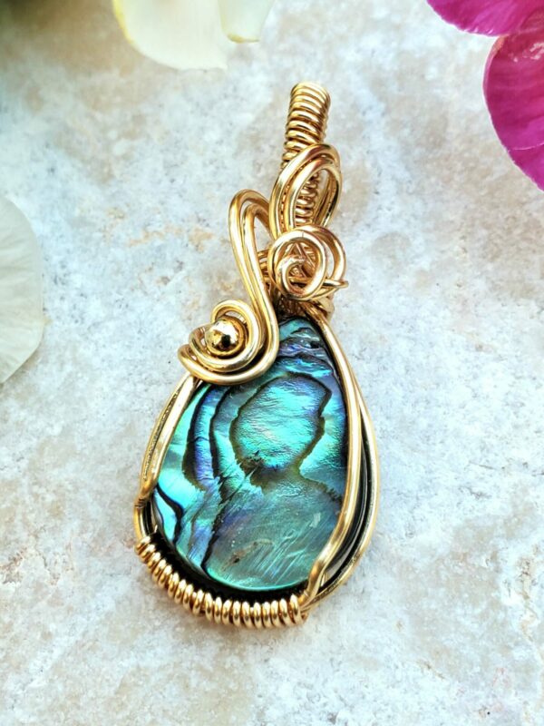 Gold Handmade Abalone Wire Wrapped Pendant 2