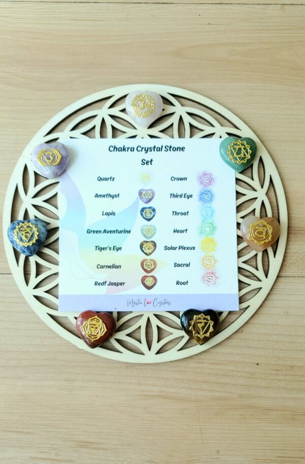 chakra stones with flower of life crystal grid