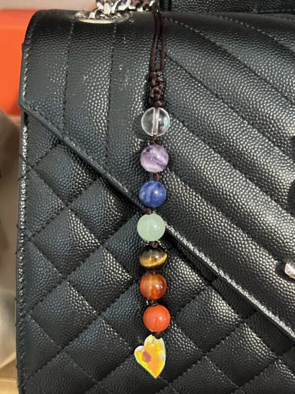 Crystal heart dangle purse charm with 7 chakra gemstones.