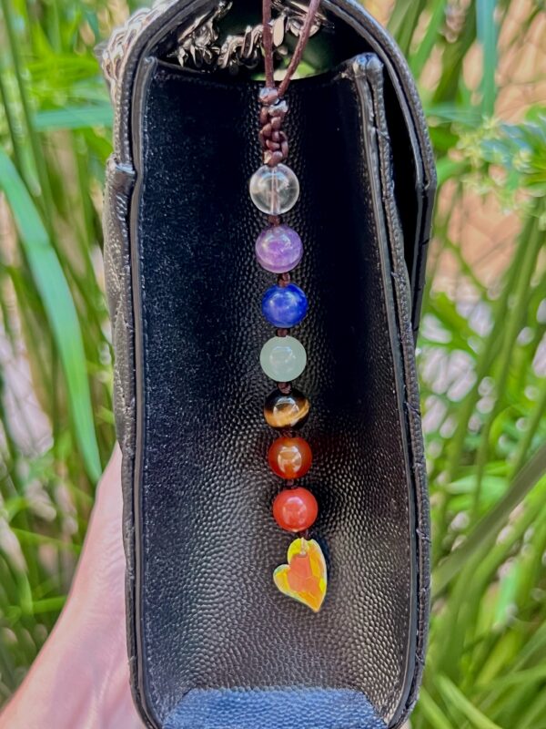 Crystal heart dangle purse charm with 7 chakra gemstones.