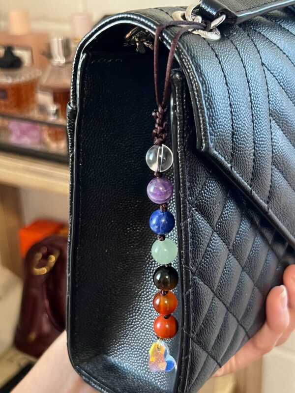 Crystal heart dangle purse/car charm with 7 chakra gemstones.