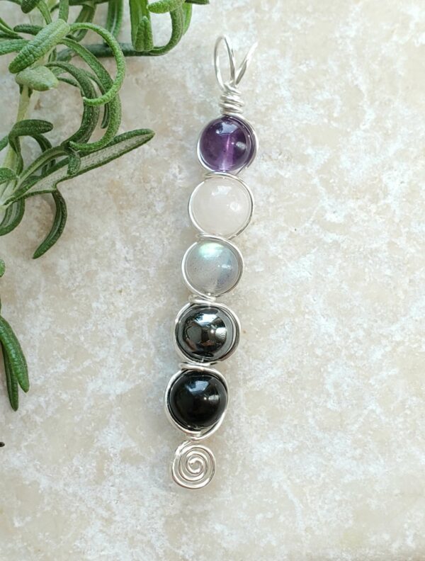 Silver Empath Protection Necklace: Wired wrapped stones with amethyst, rose quartz, labradorite, hematite, and black tourmaline.