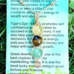 manifestation necklace with crystal card meaning of citrine, tiger's eye, and green aventurine.