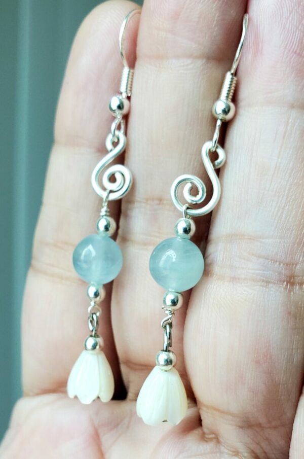 Lemurian Blue Calcite Earrings with Mother of Pearl in sterling silver