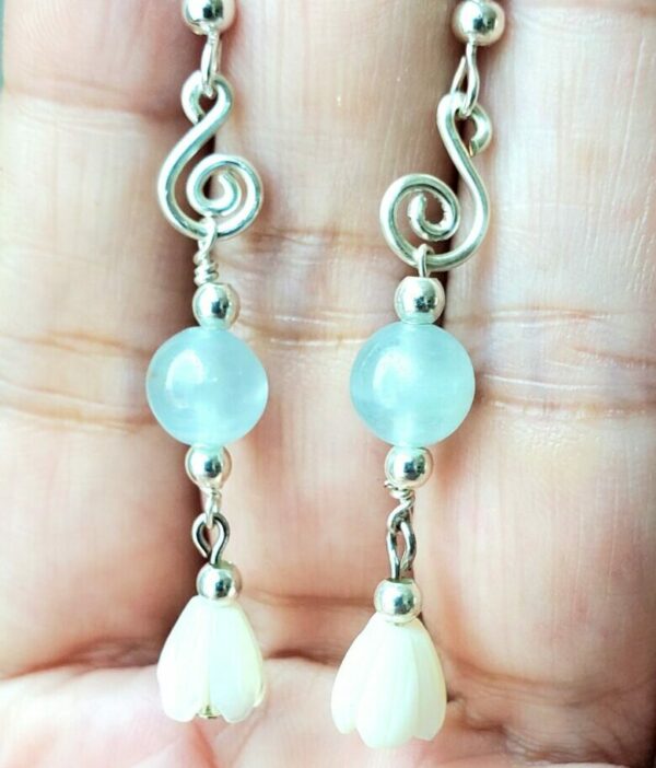 Lemurian Blue Calcite Earrings with Mother of Pearl in sterling silver