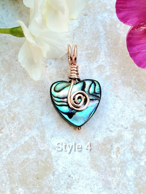 Rose Gold Wire Wrapped Abalone Heart Pendant with swirl design