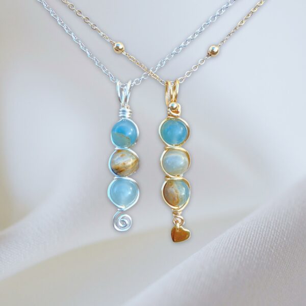 Gold and Silver Pendant Wire Wrapped Aquatine Lemurian Blue Calcite Crystal Beaded Necklace.