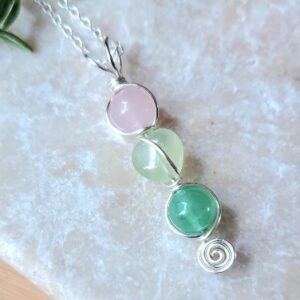 rose quartz, prehinite, and green aventurine wire wrapped pendant