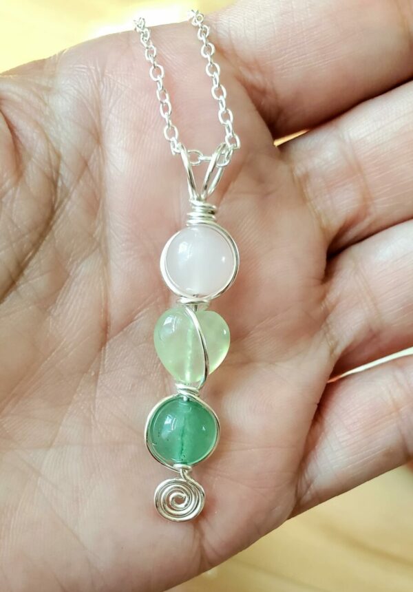 heart chakra pendant with rose quartz, prehenite, and green avenuturine