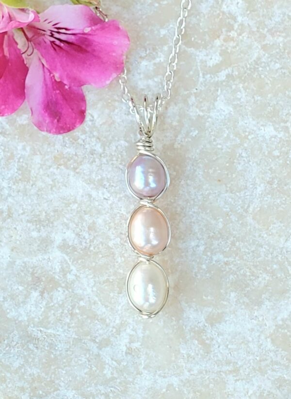 Triple Pearl Pendant Necklace | Peach, Pink, Lavender in Silver