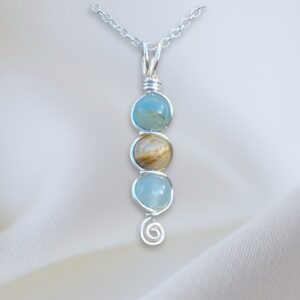 Silver Wire Wrapped Blue Calcite Crystal Beaded Necklace with Swirl Design