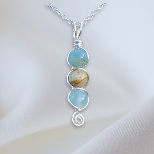 Silver Wire Wrapped Blue Calcite Crystal Beaded Necklace with Swirl Design