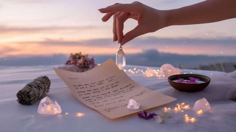 Hands hold a clear quartz pendant over a handwritten parchment listing intentions. Spiritual items like sage, a water bowl with petals, and glowing gemstones surround the scene against a dawn sky.