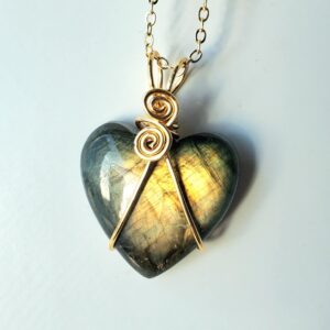 Labradorite Heart Necklace – Wire Wrapped Crystal Pendant In Gold, Silver, or Rose Gold